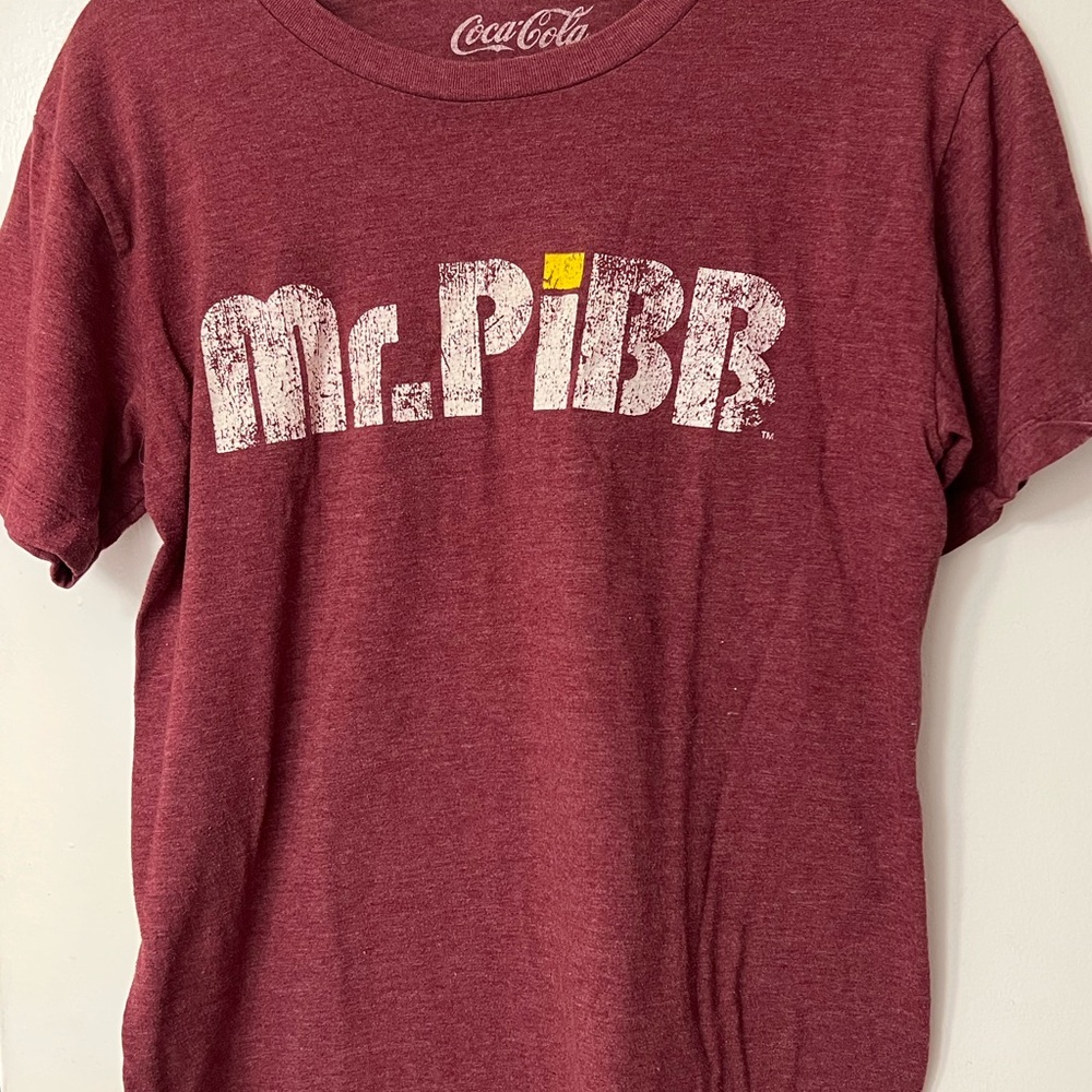 Vintage Style Mr. Pibb T-Shirt Coca-Cola Graphic Tee Maroon Distressed Print